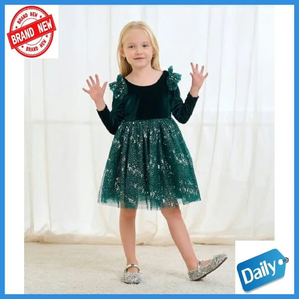 Velvet Tulle Sequin Tutu Dress Long Sleeve A-Line Kids Holiday Party